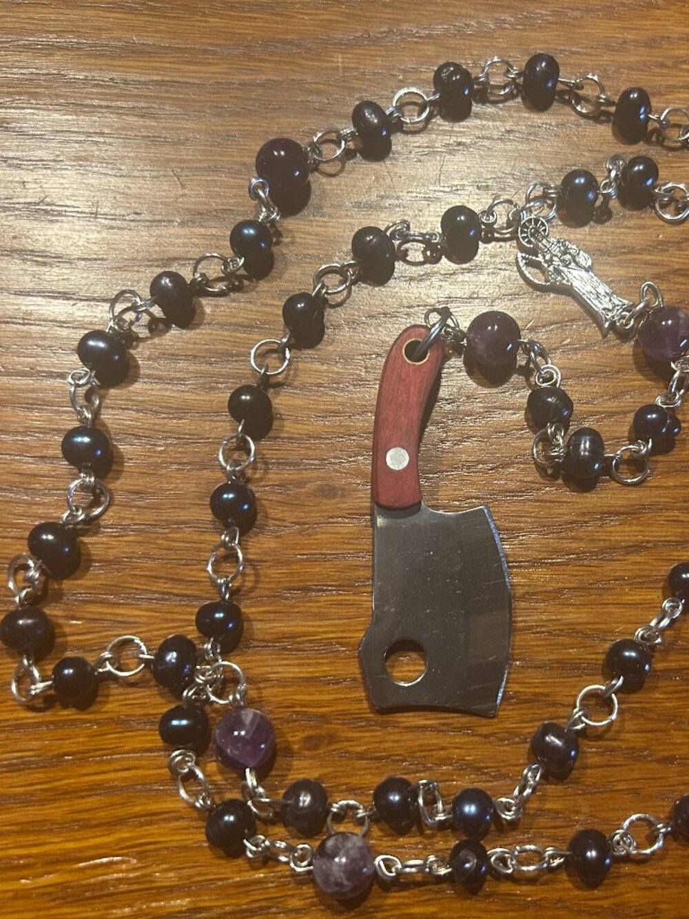 Mini Butcher Knife Rosary with Natural Black Pearls